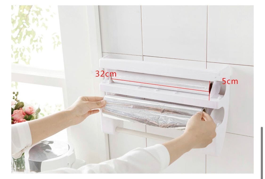 3 In 1 Multifunctional Kitchen Roll Holder, Cling Film Wall Mounted Paper Holder Shelf, Triple Food Wrap Dispenser, Kitchen Roll Holder With Spice Rack and Slide Cutter, Multifunctional Cling Film Cutter 3 In 1 Multifunctional Kitchen Roll Holder, Cling Film Wall Mounted Paper Holder Shelf, Triple Food Wrap Dispenser, Kitchen Roll Holder With Spice Rack and Slide Cutter, Multifunctional Cling Film Cutter